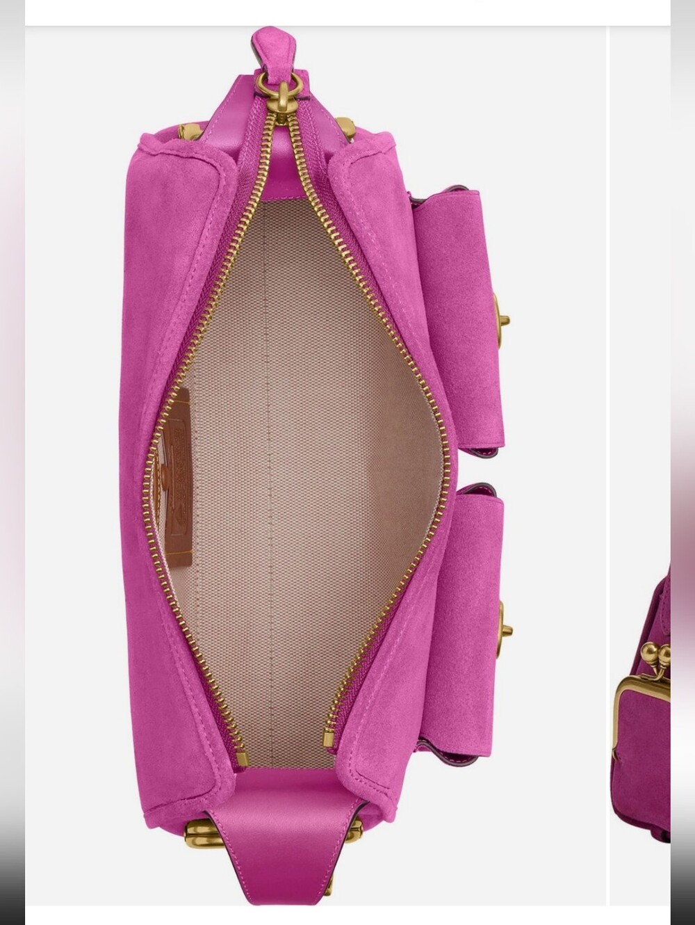 Women’s Fuchsia Suede Shoulder Bag with Gold Hardware - Picture 2 of 3